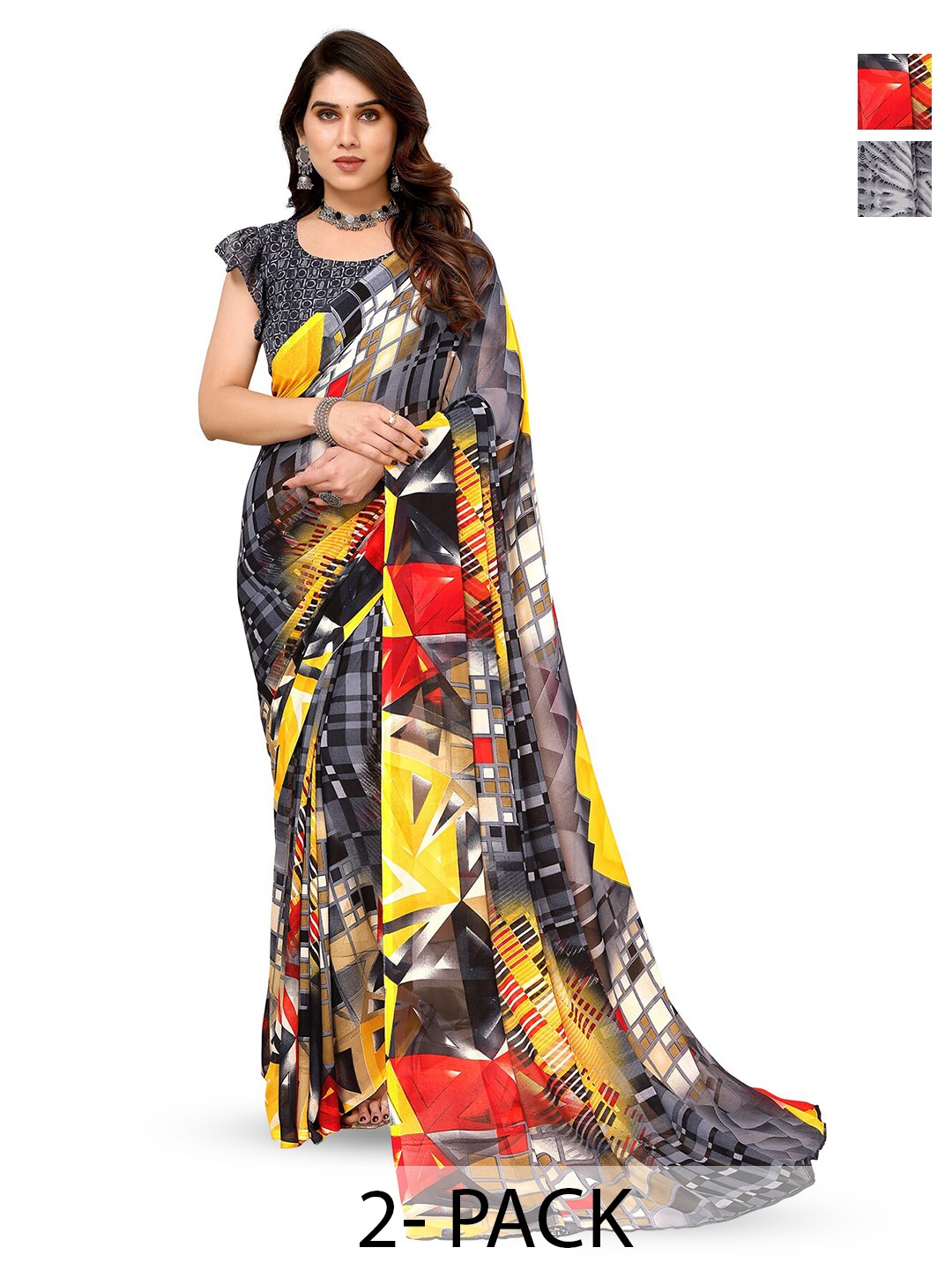 

ANAND SAREES Pack of 2 Abstract Printed Georgette Saree, Grey