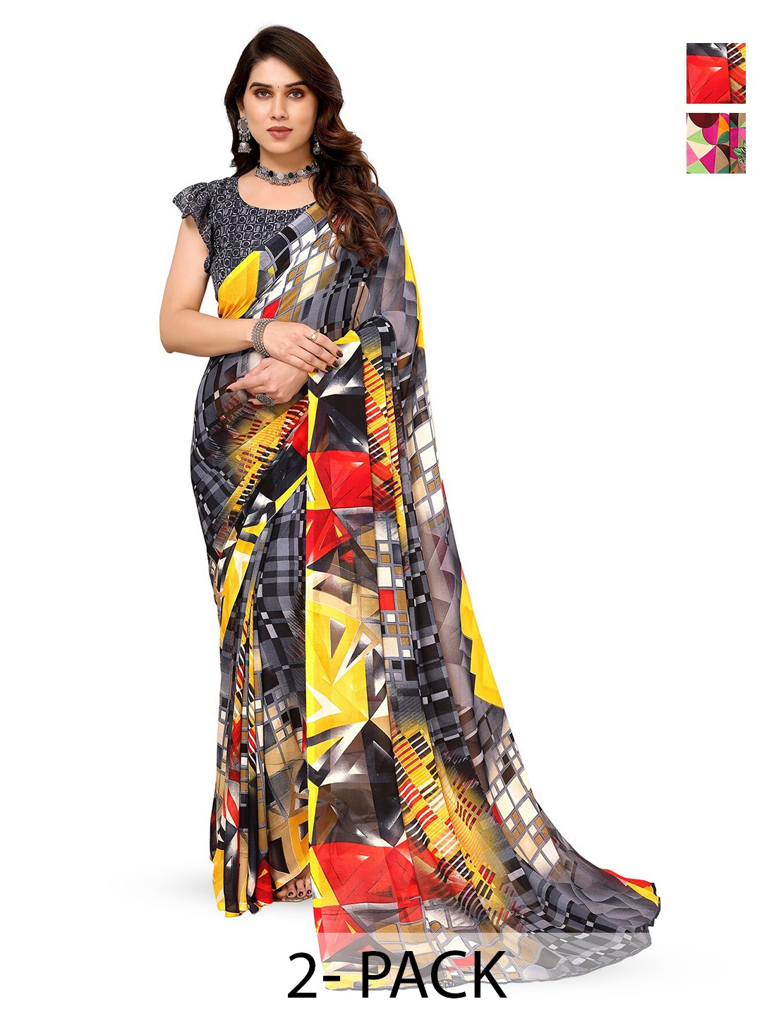 

ANAND SAREES Pack of 2 Ethnic Motifs Printed Georgette Saree, Yellow