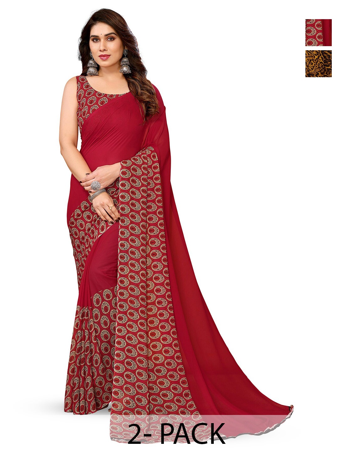 

ANAND SAREES Selection Of 2 Polka Dot Printed Sarees, Brown