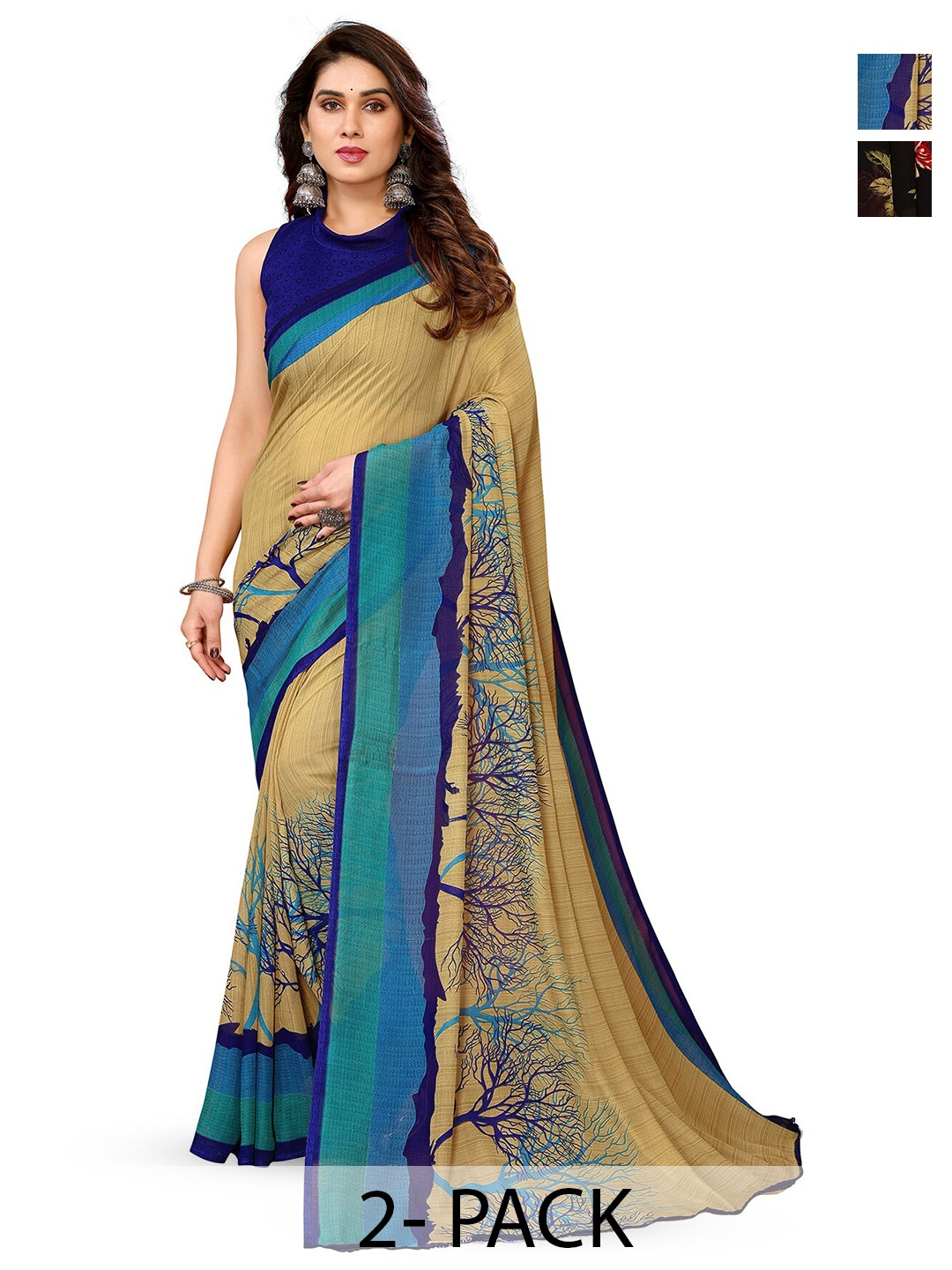 

ANAND SAREES Selection of 2 Floral Printed Saree, Black