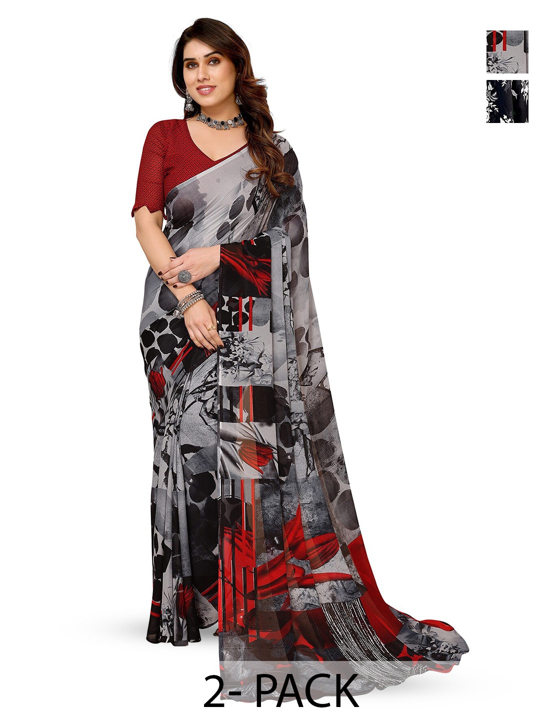

ANAND SAREES Selection Of 2 Floral Printed Saree, Black