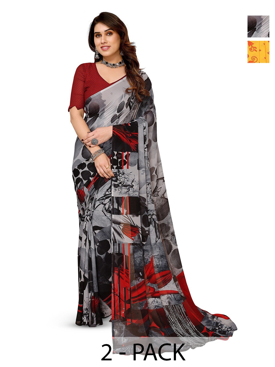 

ANAND SAREES Selection Of 2 Printed Saree, Black