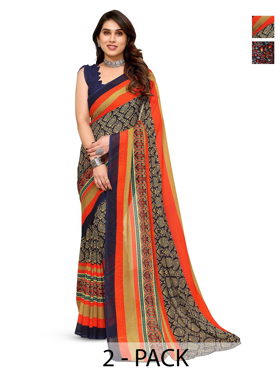 

ANAND SAREES Selection Of 2 Printed Sarees, Blue