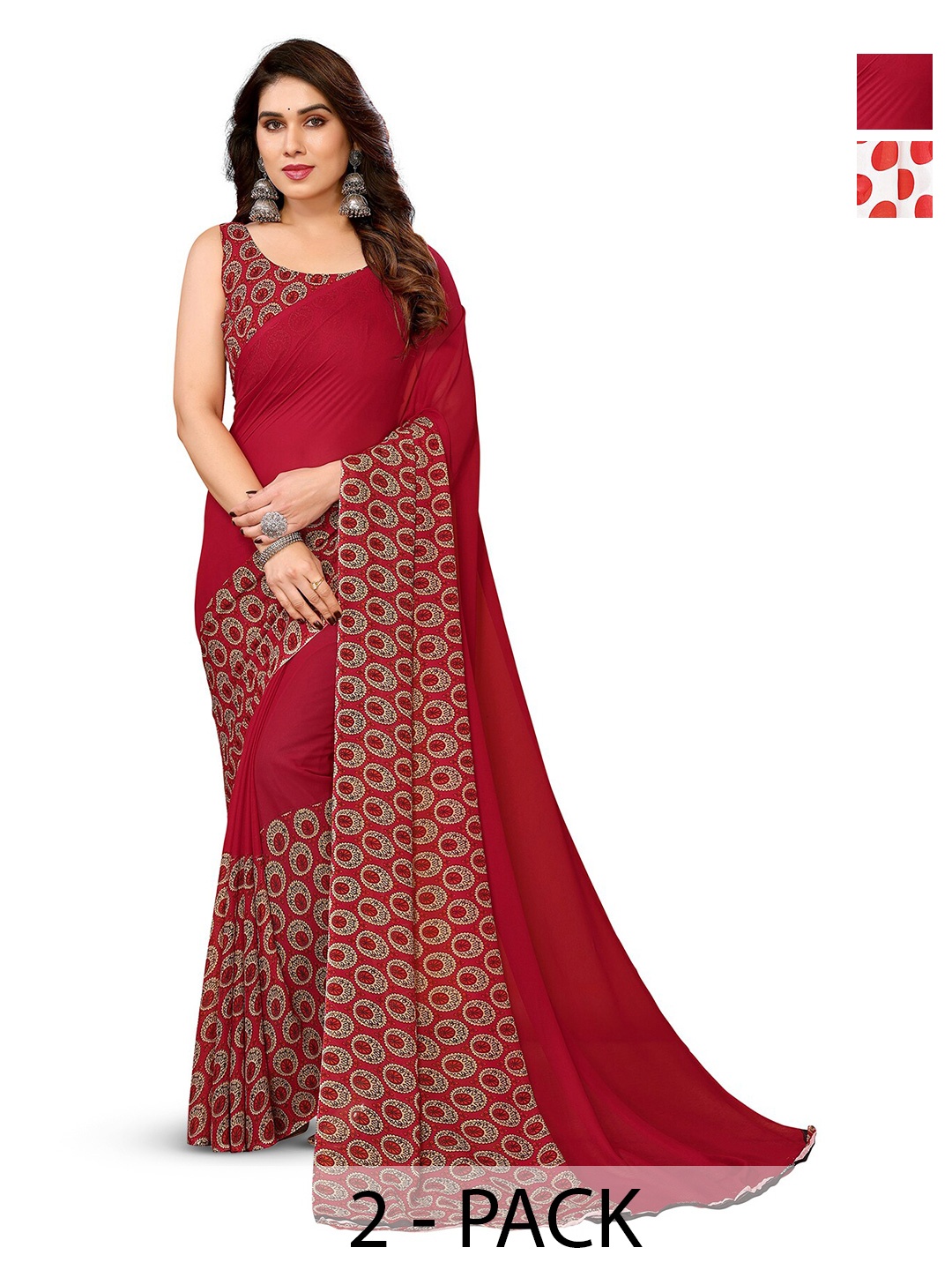 

ANAND SAREES Selection Of 2 Polka Dot Printed Sarees, Red