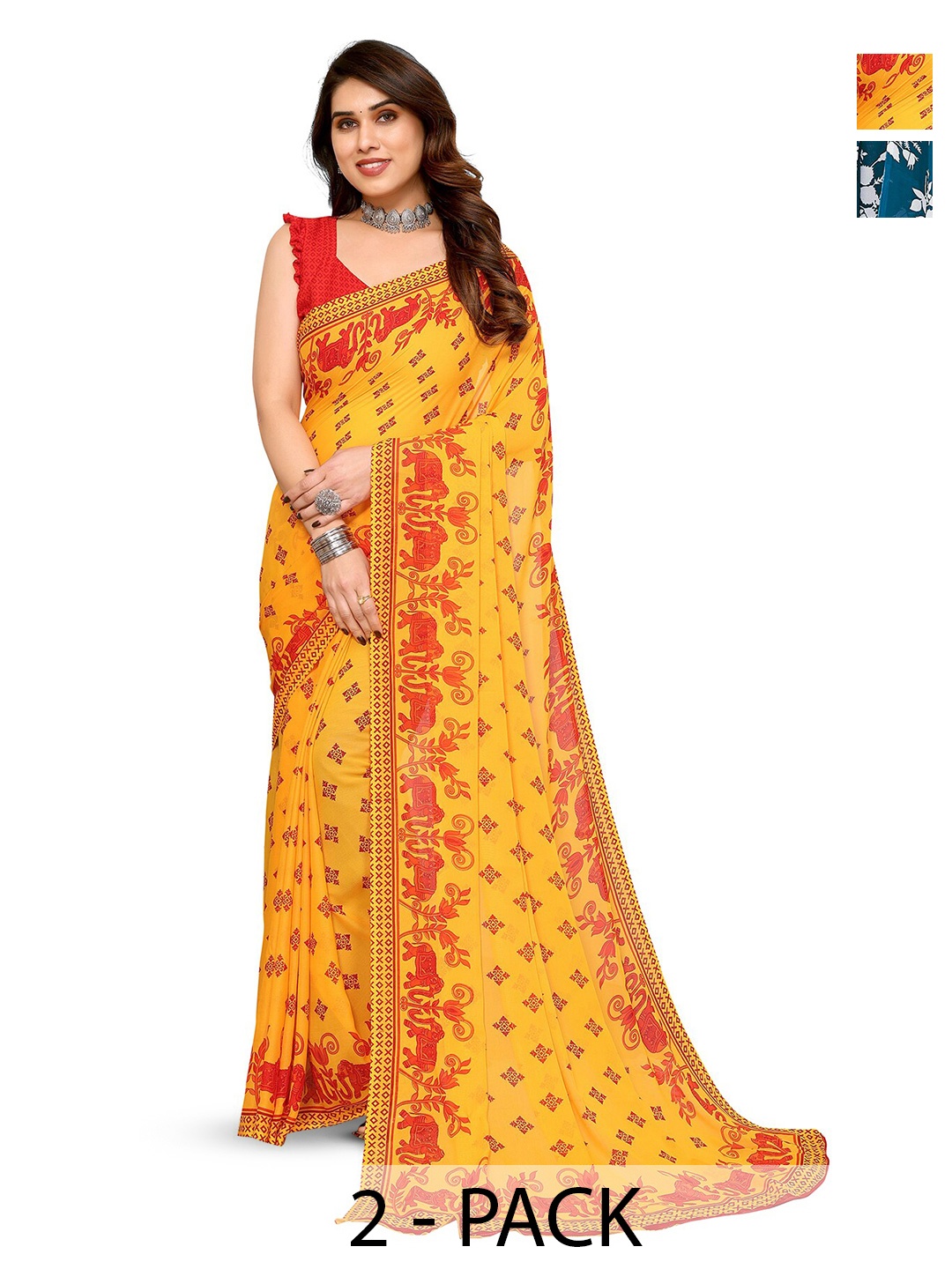 

ANAND SAREES Selection Of 2 Printed Sarees, Yellow