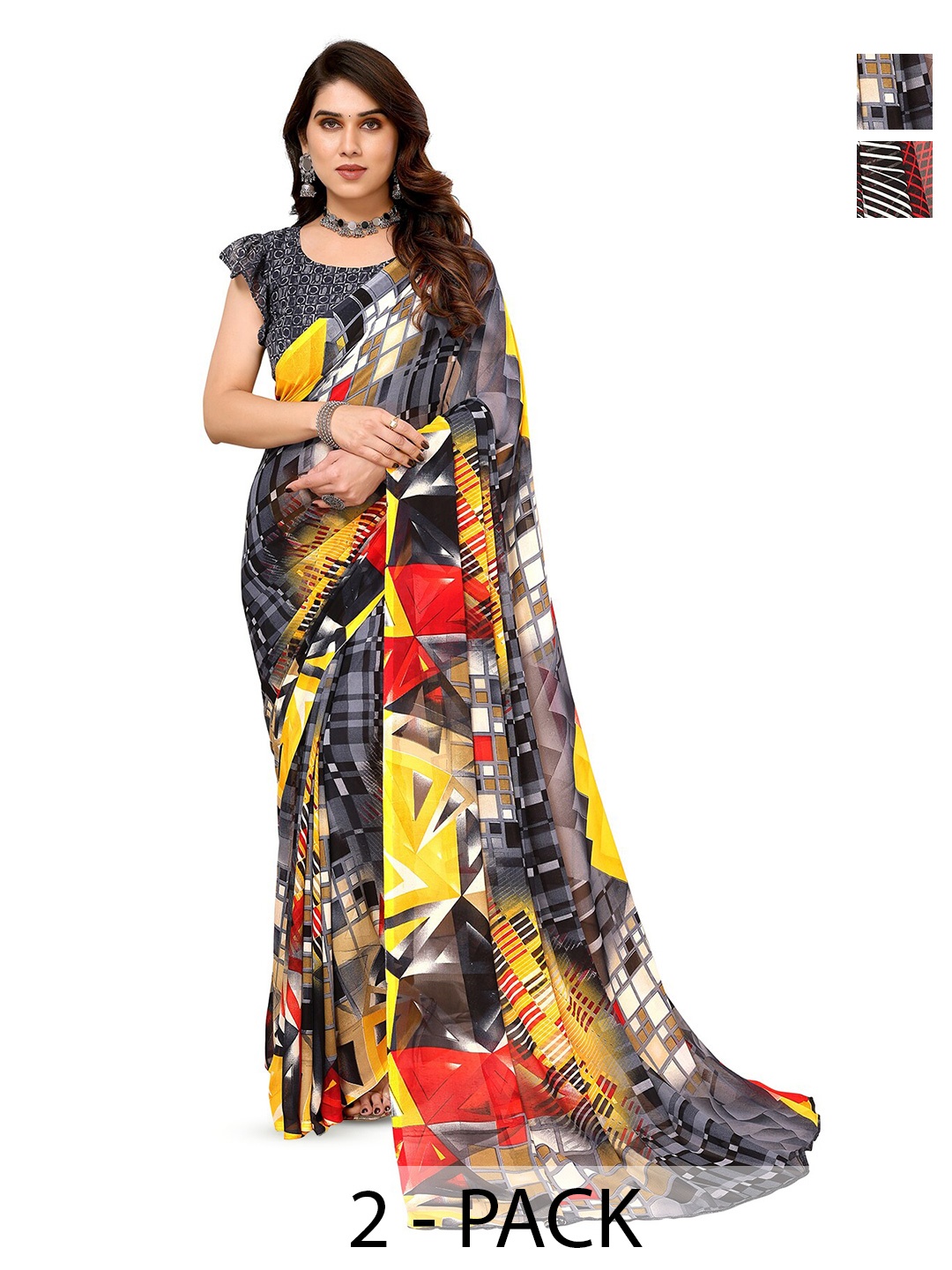 

ANAND SAREES Selection Of 2 Geometric Printed Sarees, Black
