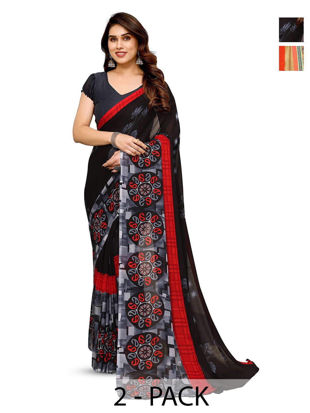 

ANAND SAREES Selection of 2 Geometric Printed Sarees, Black