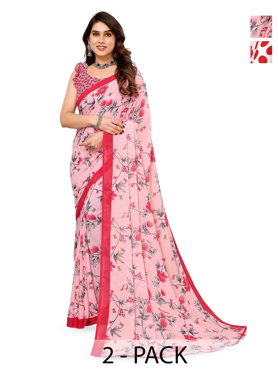 

ANAND SAREES Selection of 2 Polka Dot Printed Sarees, Red