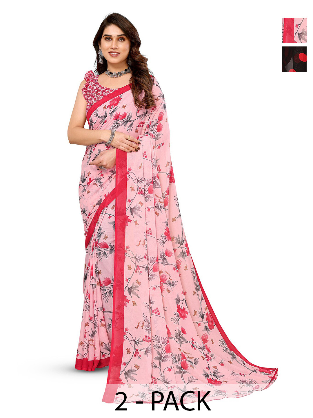 

ANAND SAREES Selection Of 2 Polka Dot Printed Sarees, Red