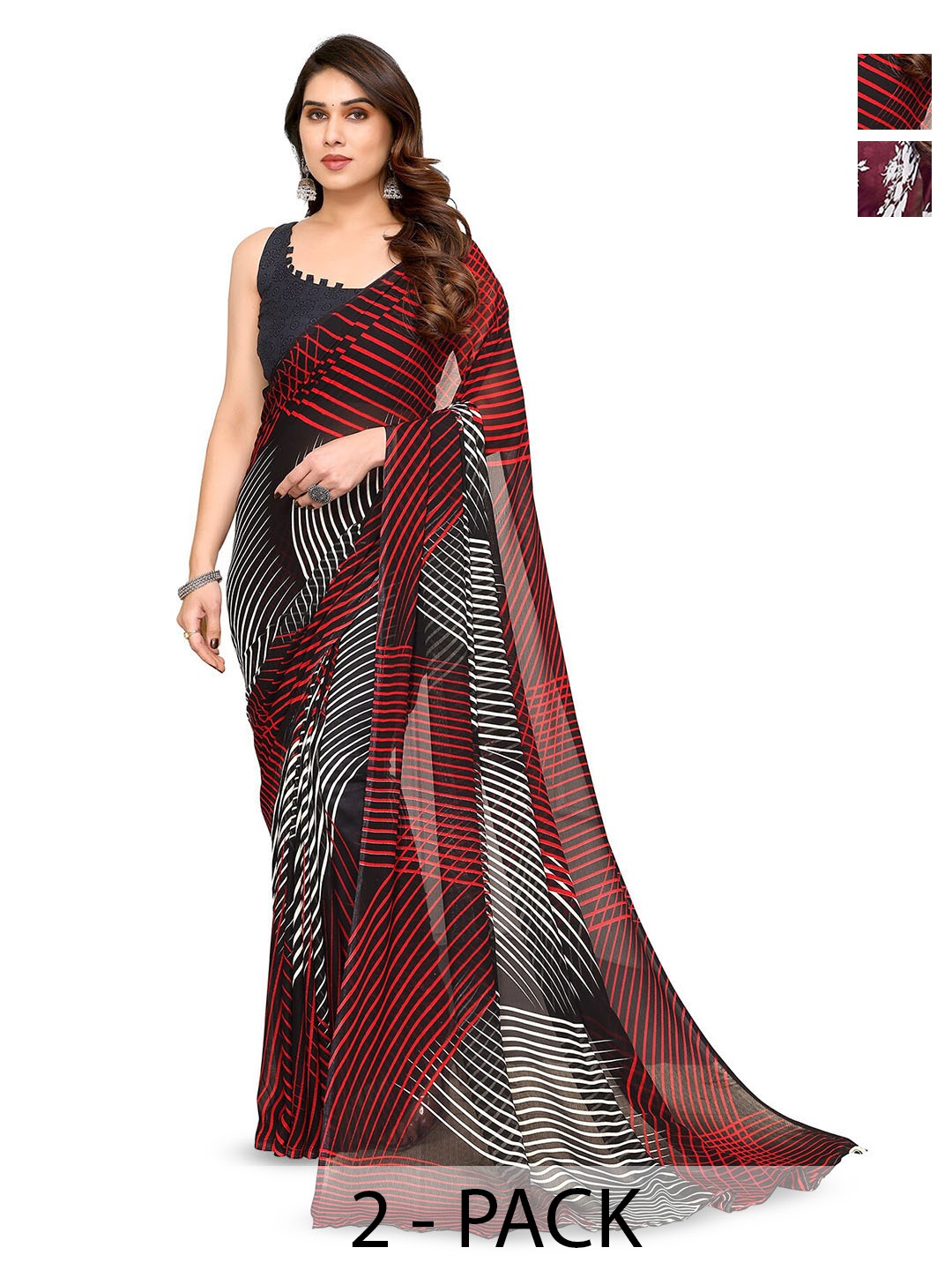 

ANAND SAREES Selection Of 2 Floral Printed Saree, Black