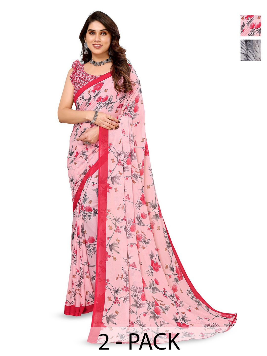 

ANAND SAREES Selection Of 2 Floral Printed Sarees, Grey
