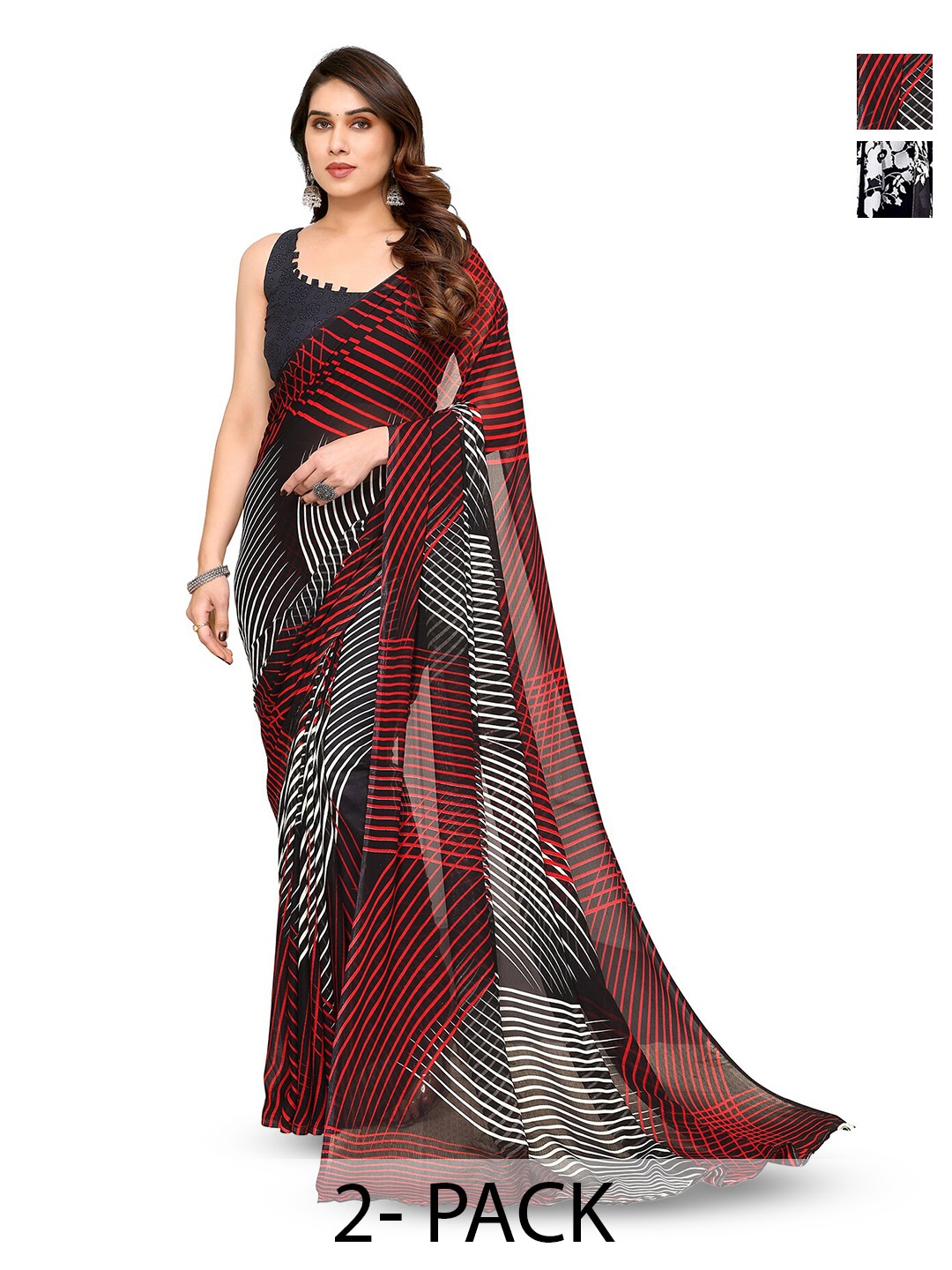 

ANAND SAREES Selection Of 2 Floral Printed Sarees, Black