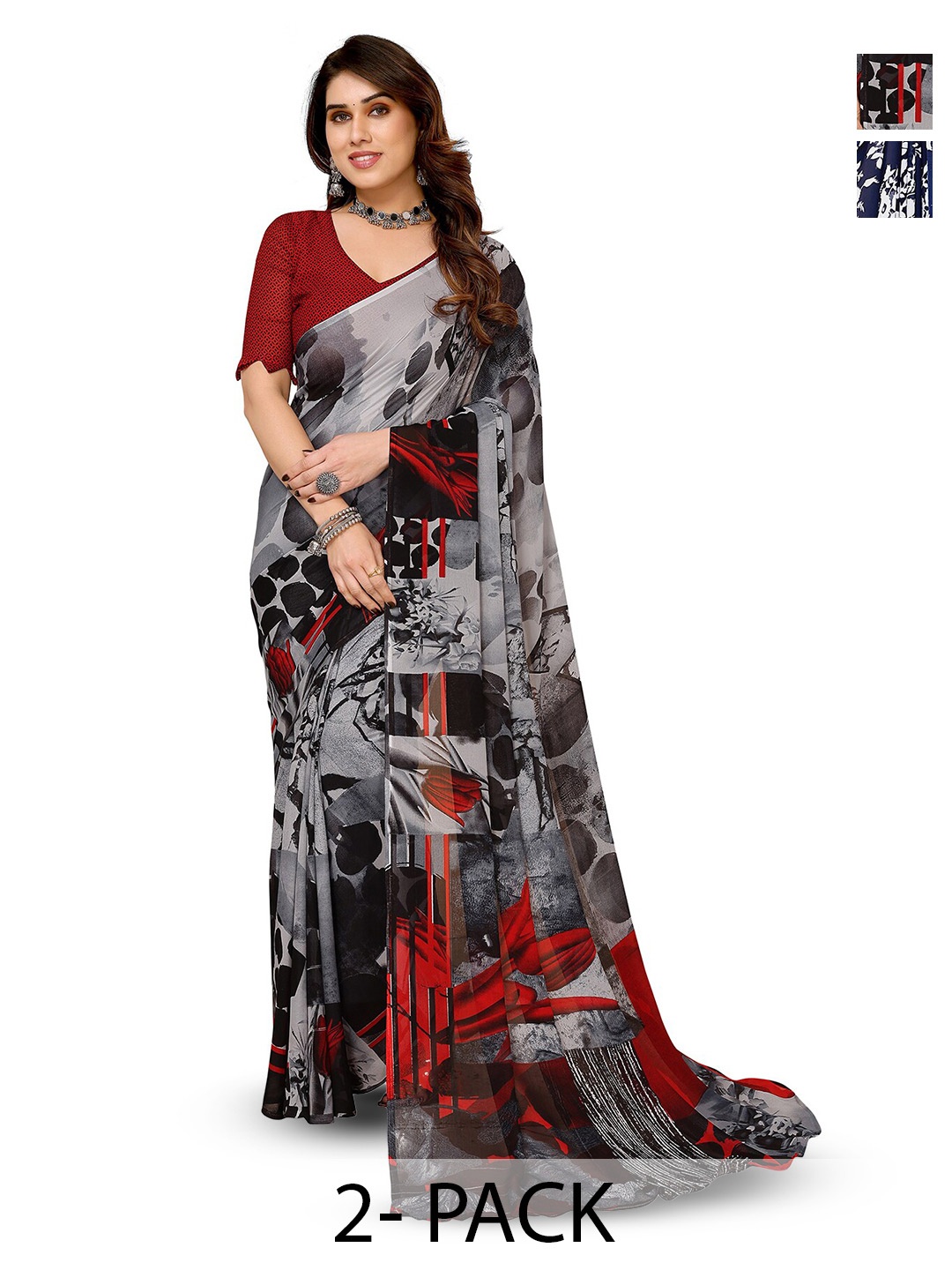 

ANAND SAREES Selection of 2 Floral Printed Sarees, Navy blue