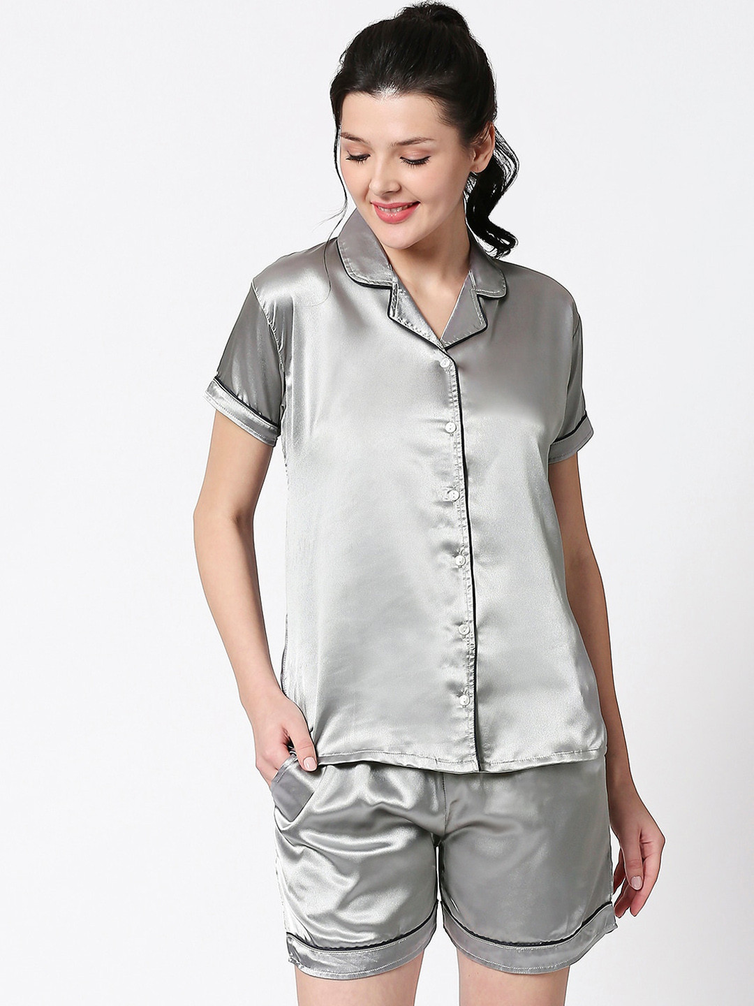 

I like me Lapel Collar Short Sleeves Satin Night suit, Grey