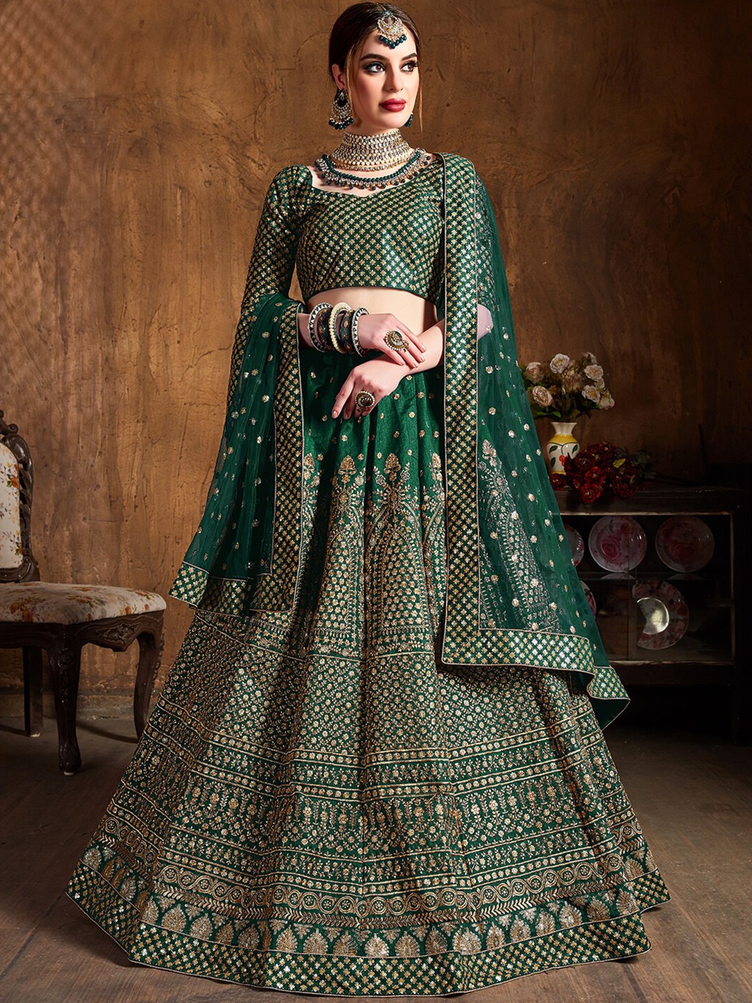 

FABPIXEL Embroidered Sequinned Semi-Stitched Lehenga & Unstitched Blouse With Dupatta, Green