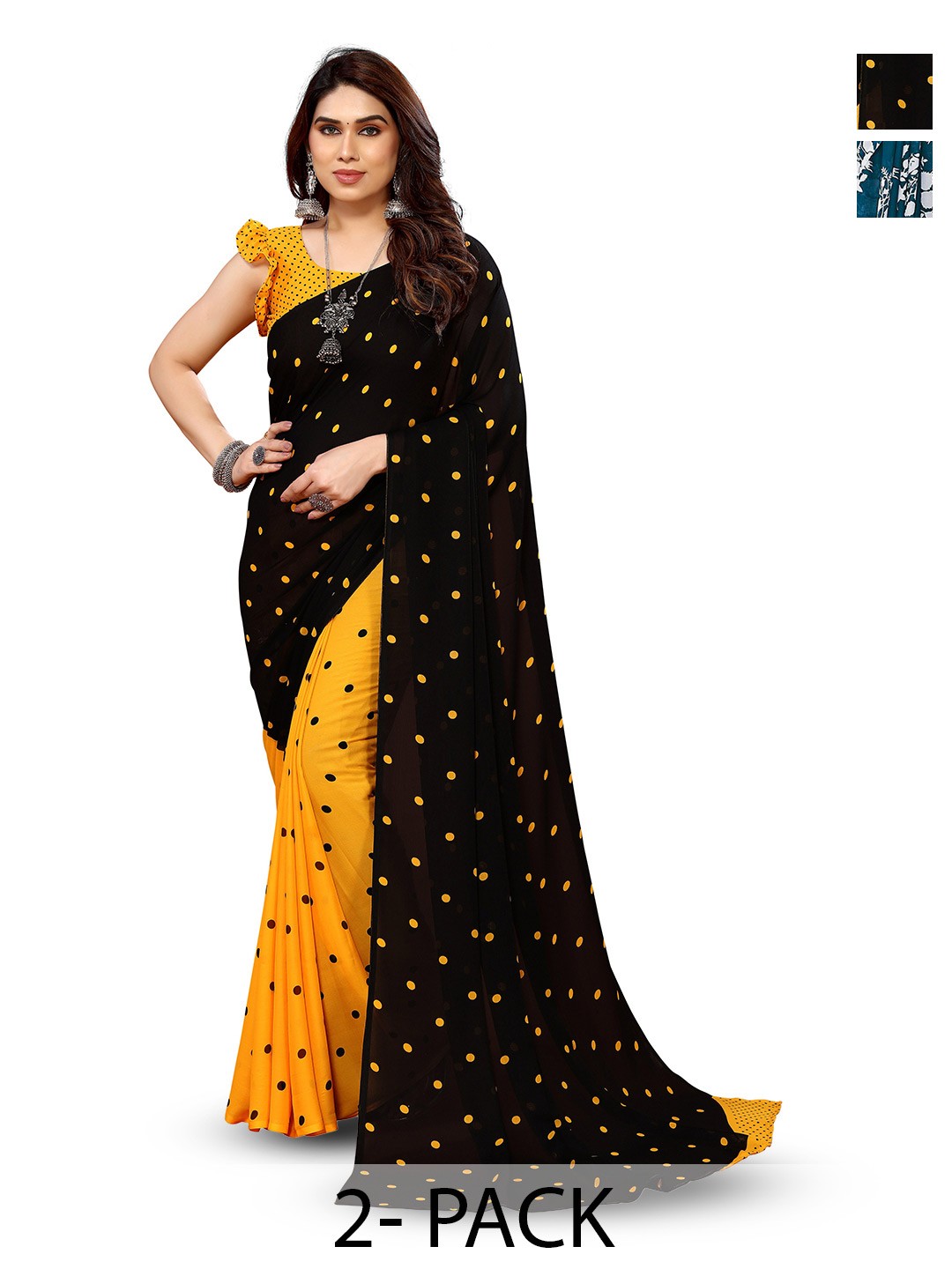 

ANAND SAREES Selection Of 2 Floral Printed Sarees, Blue