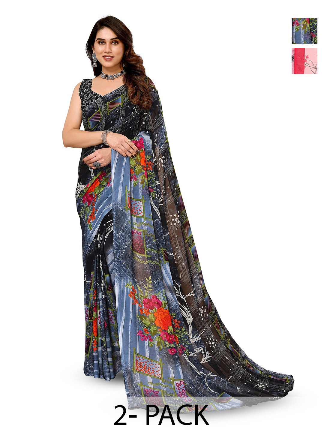 

ANAND SAREES Selection of 2 Floral Printed Sarees, Blue