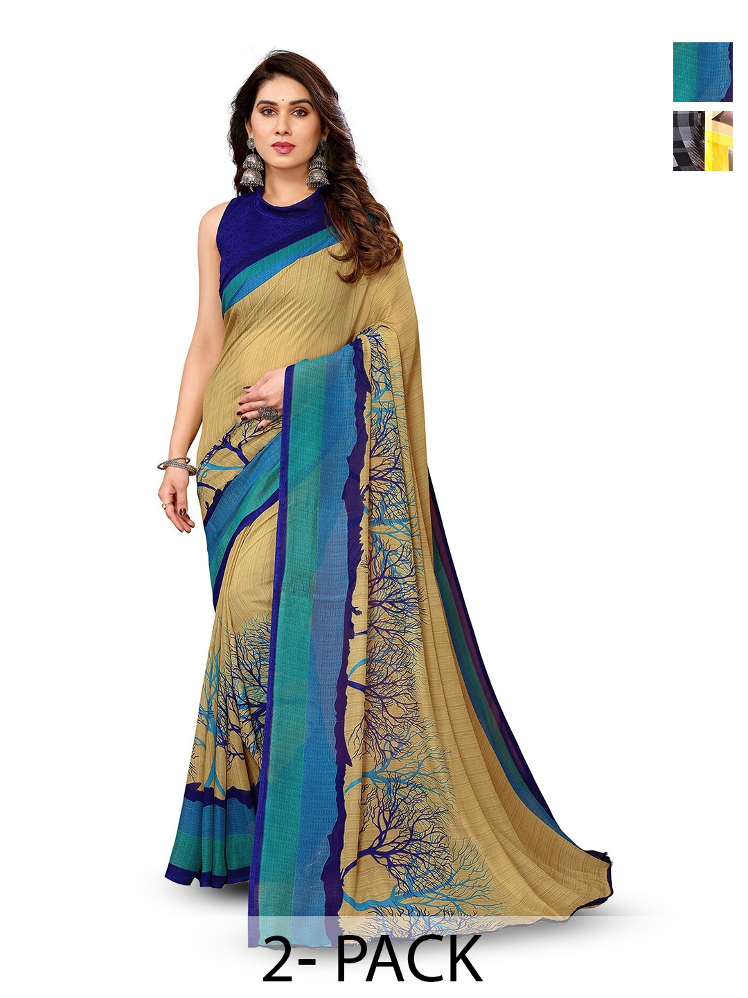 

ANAND SAREES Selection Of 2 Abstract Printed Sarees, Black