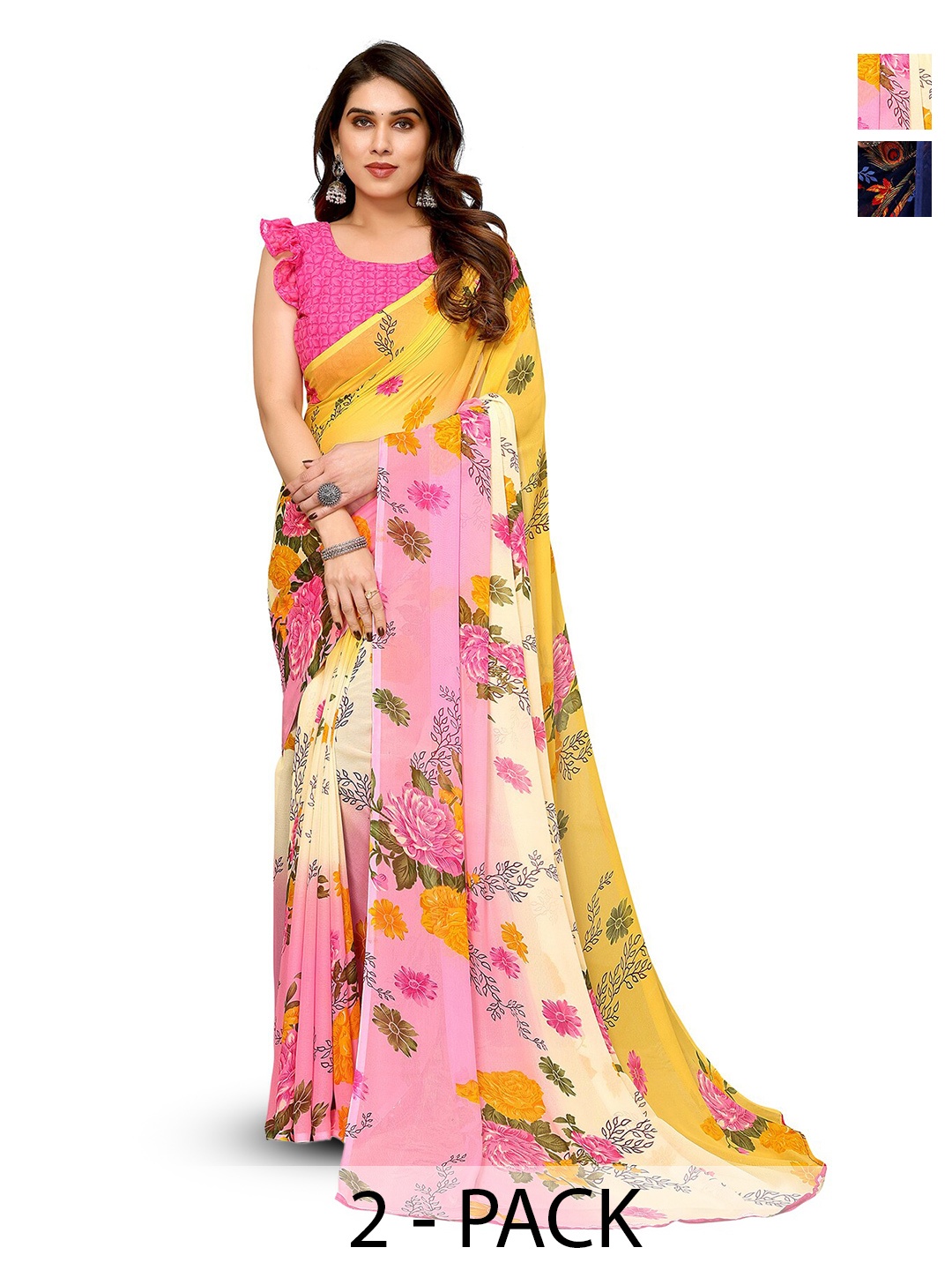 

ANAND SAREES Selection Of 2 Printed Sarees, Blue