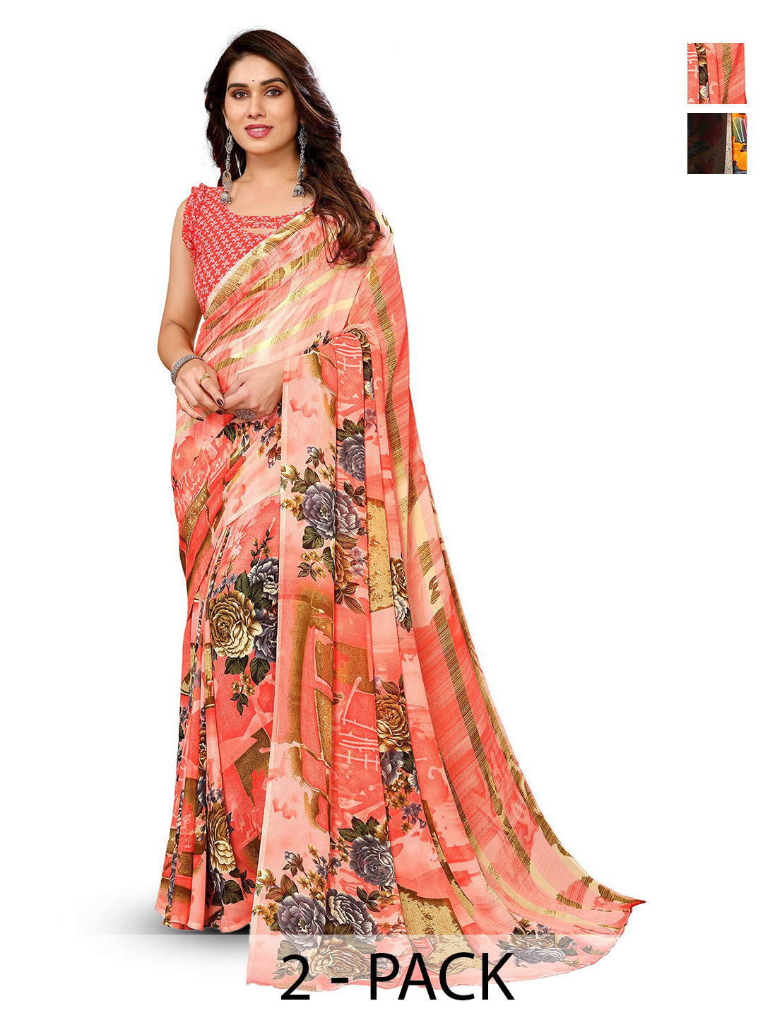 

ANAND SAREES Selection Of 2 Floral Printed Saree, Peach