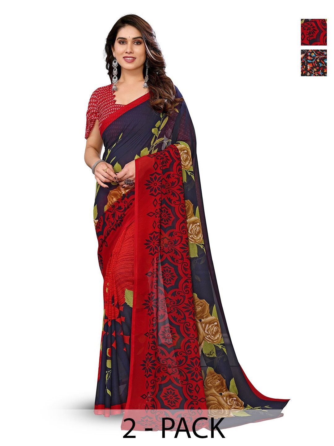 

ANAND SAREES Selection Of 2 Floral Printed Sarees, Blue