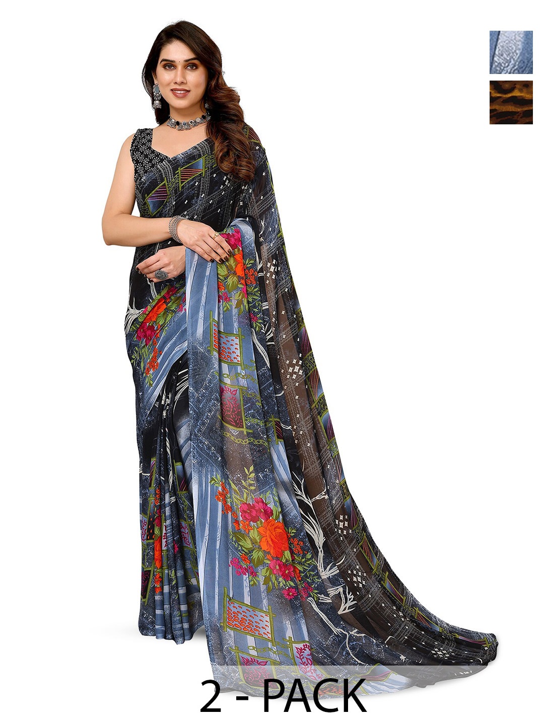 

ANAND SAREES Selection Of 2 Floral Printed Sarees, Grey