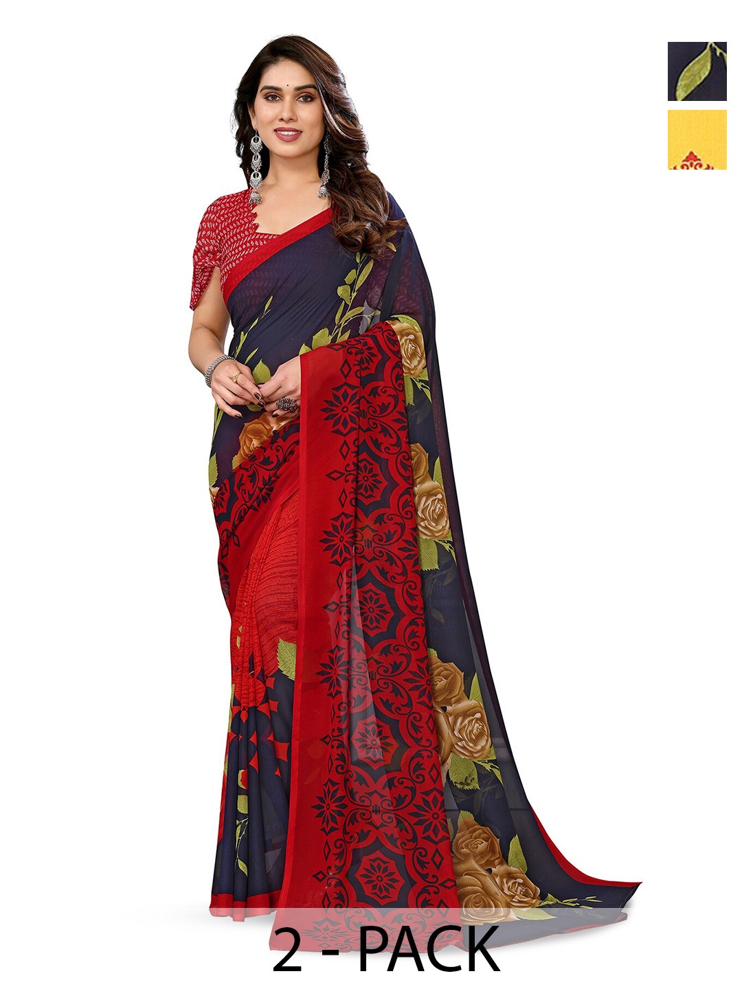 

ANAND SAREES Selection of 2 Floral Printed Sarees, Red