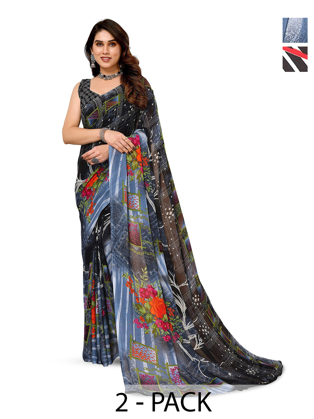 

ANAND SAREES Selection Of 2 Floral Printed Saree, Grey