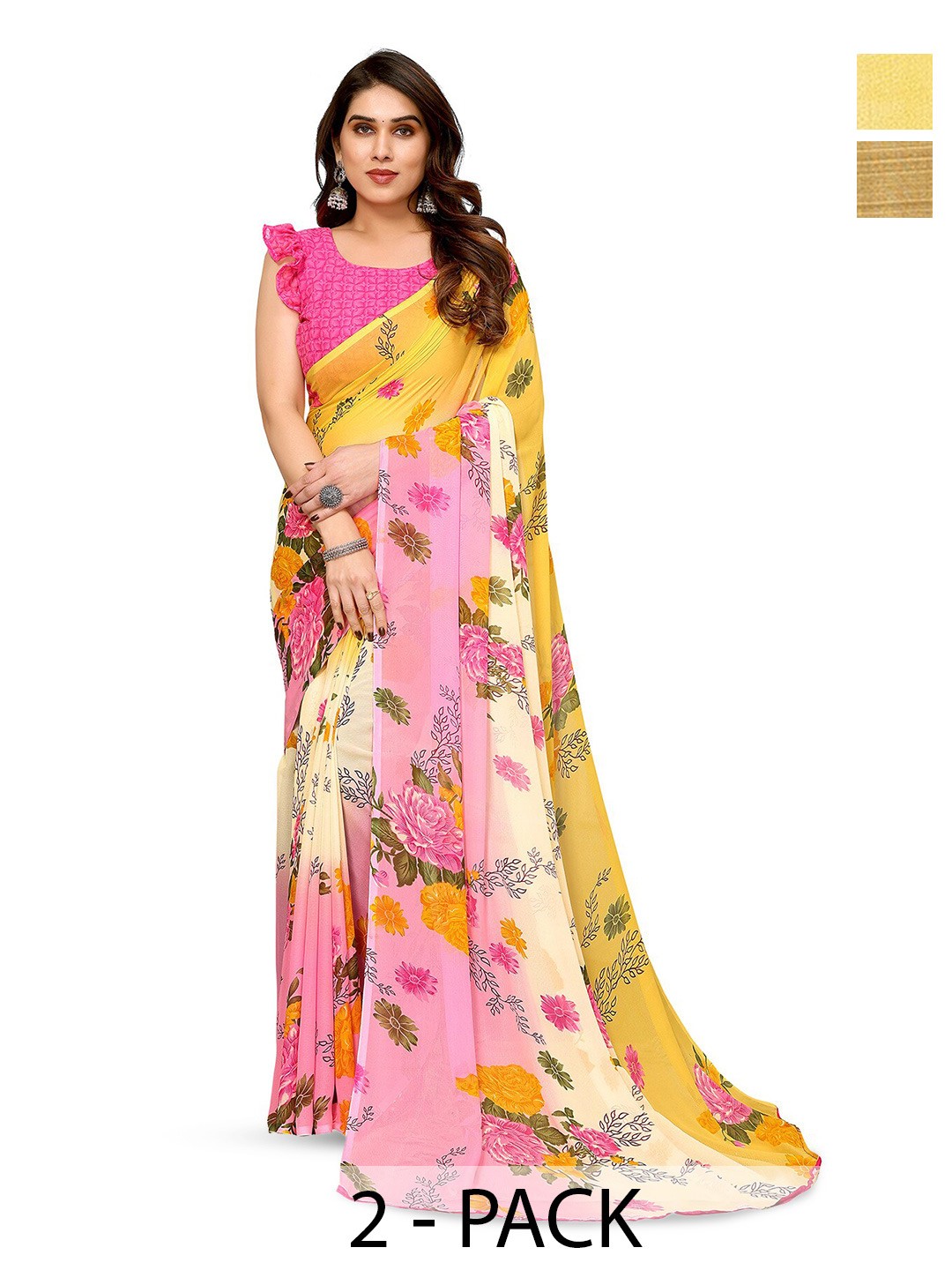 

ANAND SAREES Selection Of 2 Floral Printed Sarees, Pink