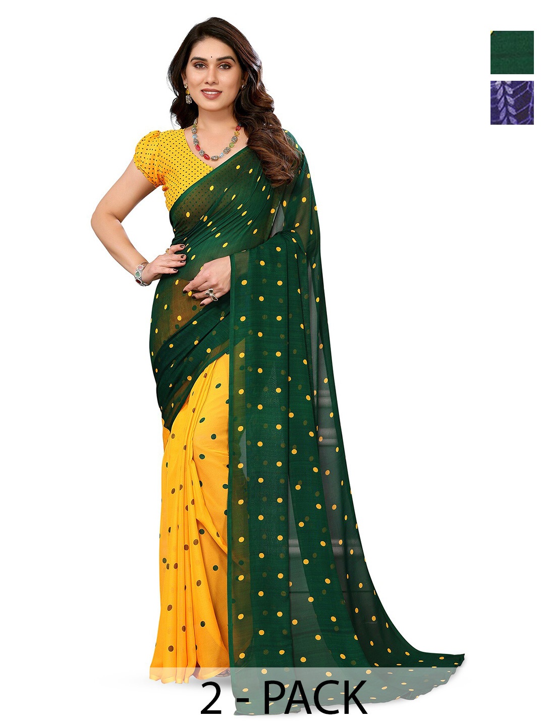 

ANAND SAREES Selection Of 2 Polka Dot Printed Half & Half Sarees, Green