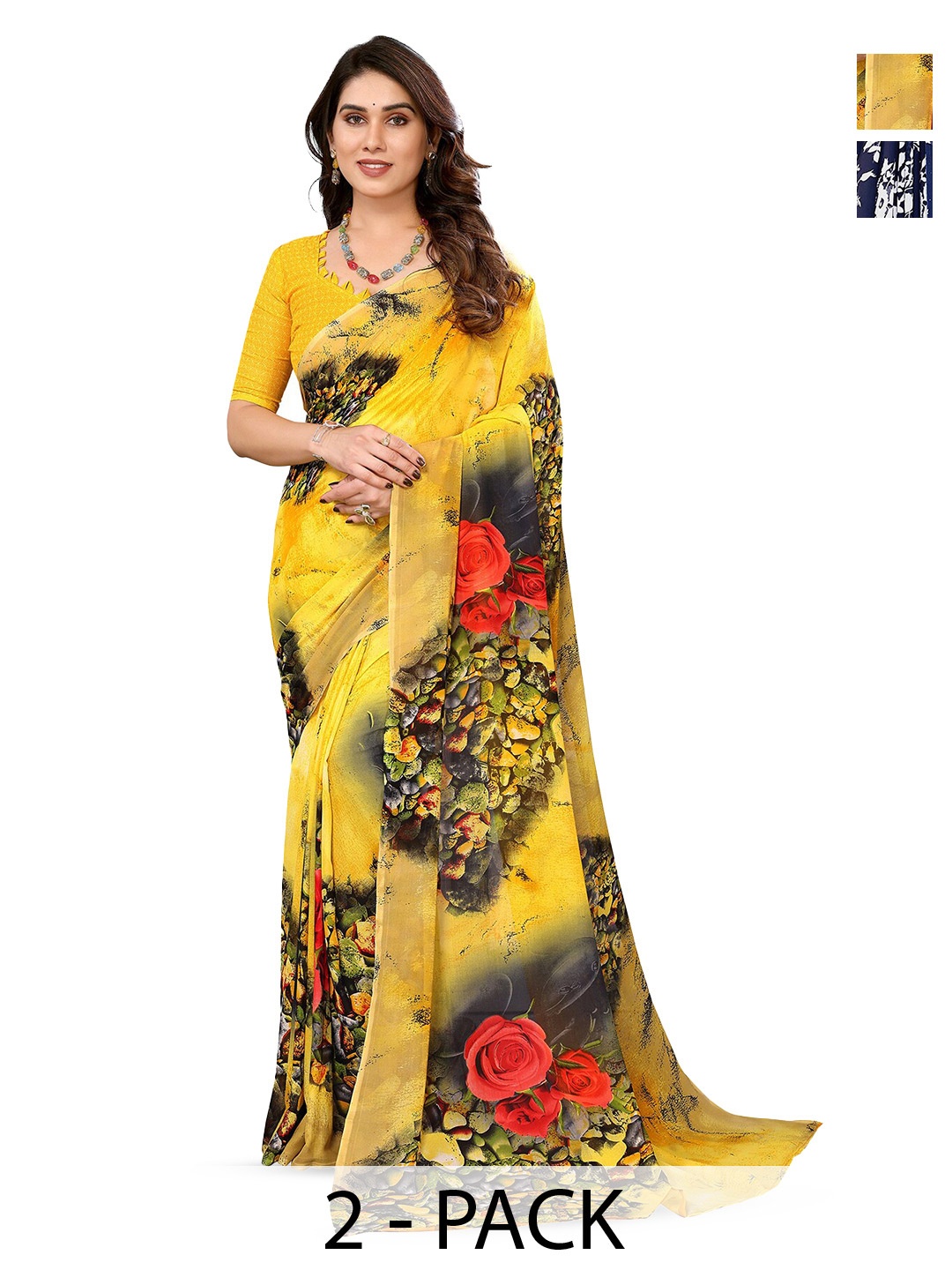 

ANAND SAREES Selection Of 2 Floral Printed Sarees, Yellow