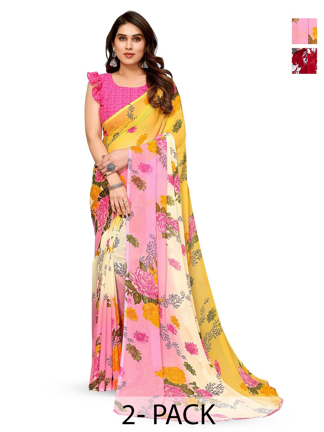 

ANAND SAREES Selection Of 2 Floral Printed Sarees, Red