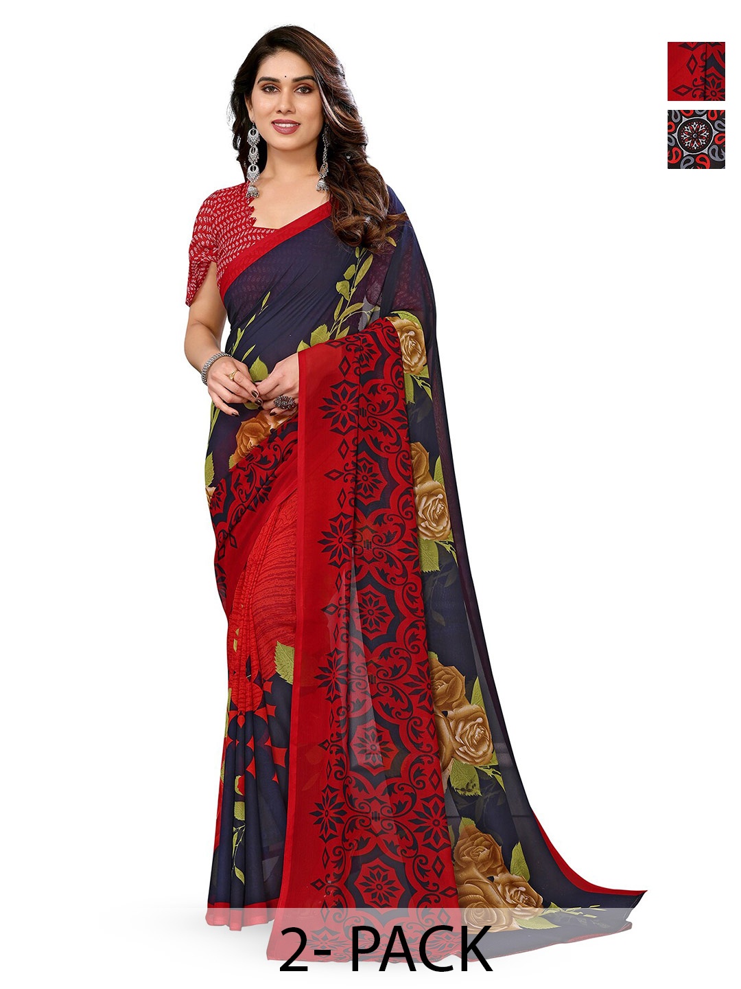 

ANAND SAREES Pack Of 2 Printed Georgette Sarees, Black