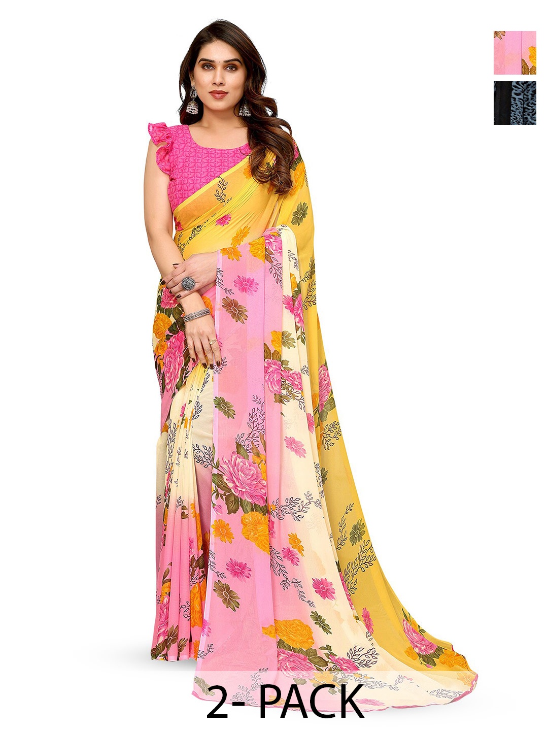 

ANAND SAREES Selection Of 2 Floral Printed Sarees, Pink