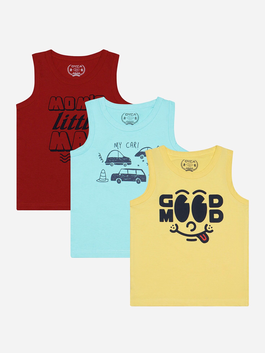 

DYCA Boys Pack Of 3 Typography Printed Sleeveless Cotton T-shirts, Blue