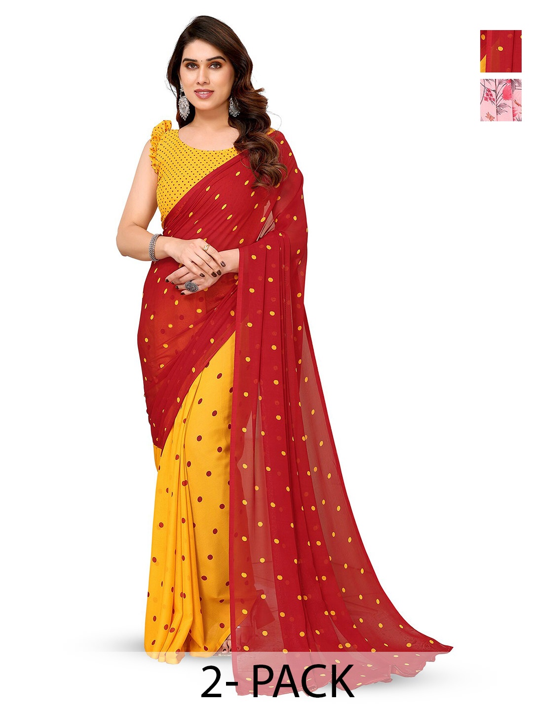 

ANAND SAREES Selection Of 2 Polka Dots Printed Sarees, Red