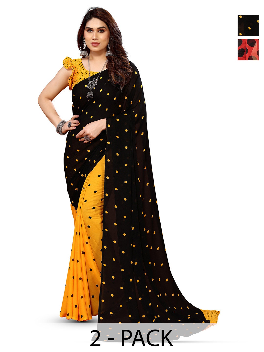 

ANAND SAREES Selection Of 2 Polka Dot Printed Sarees, Black