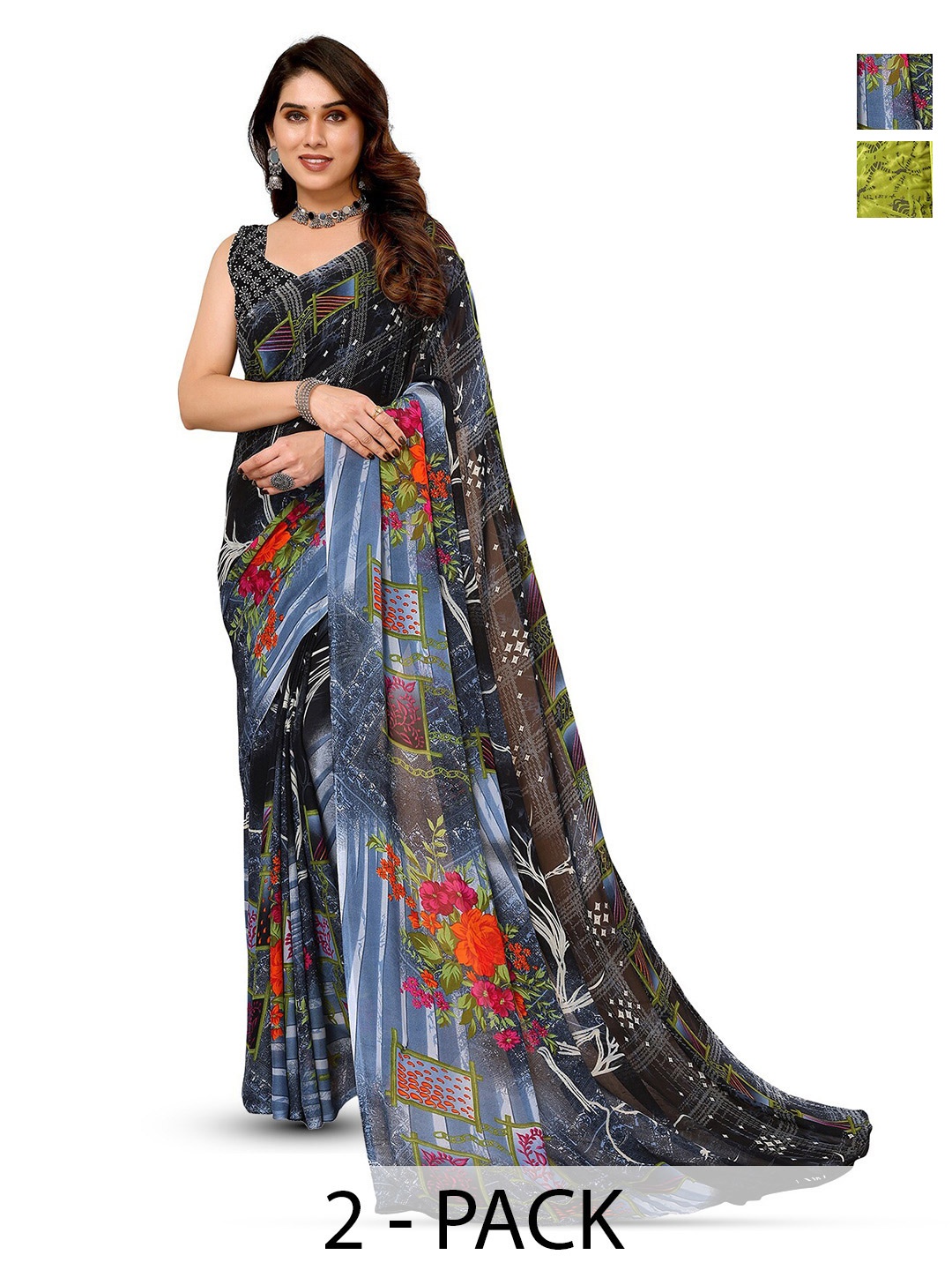 

ANAND SAREES Selection Of 2 Floral Printed Sarees, Green