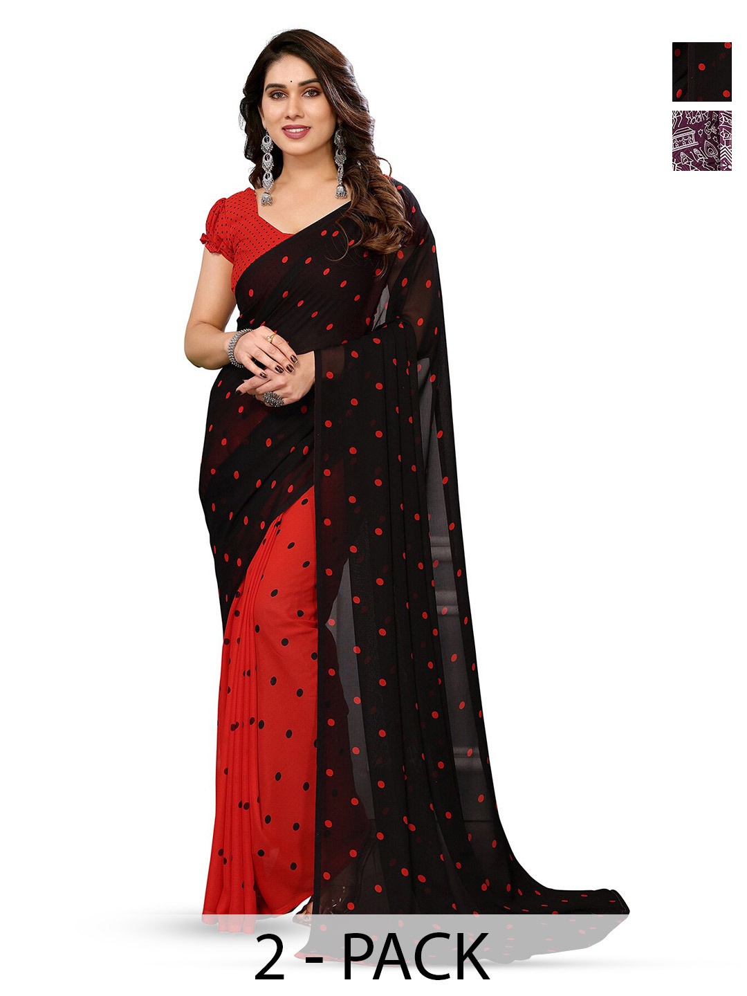 

ANAND SAREES Selection Of 2 Polka Dots Printed Sarees, Burgundy