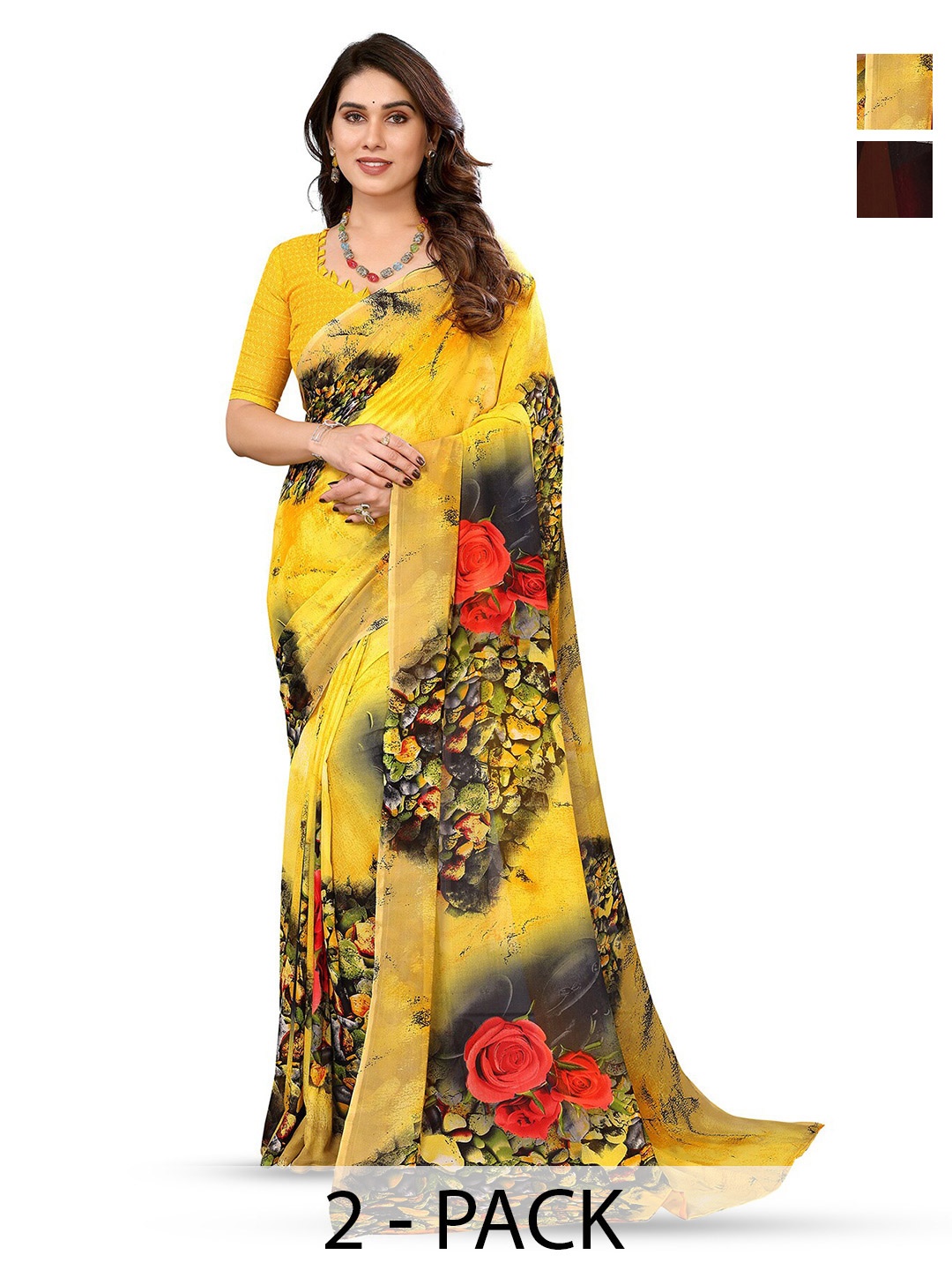 

ANAND SAREES Selection Of 2 Floral Printed Sarees, Yellow