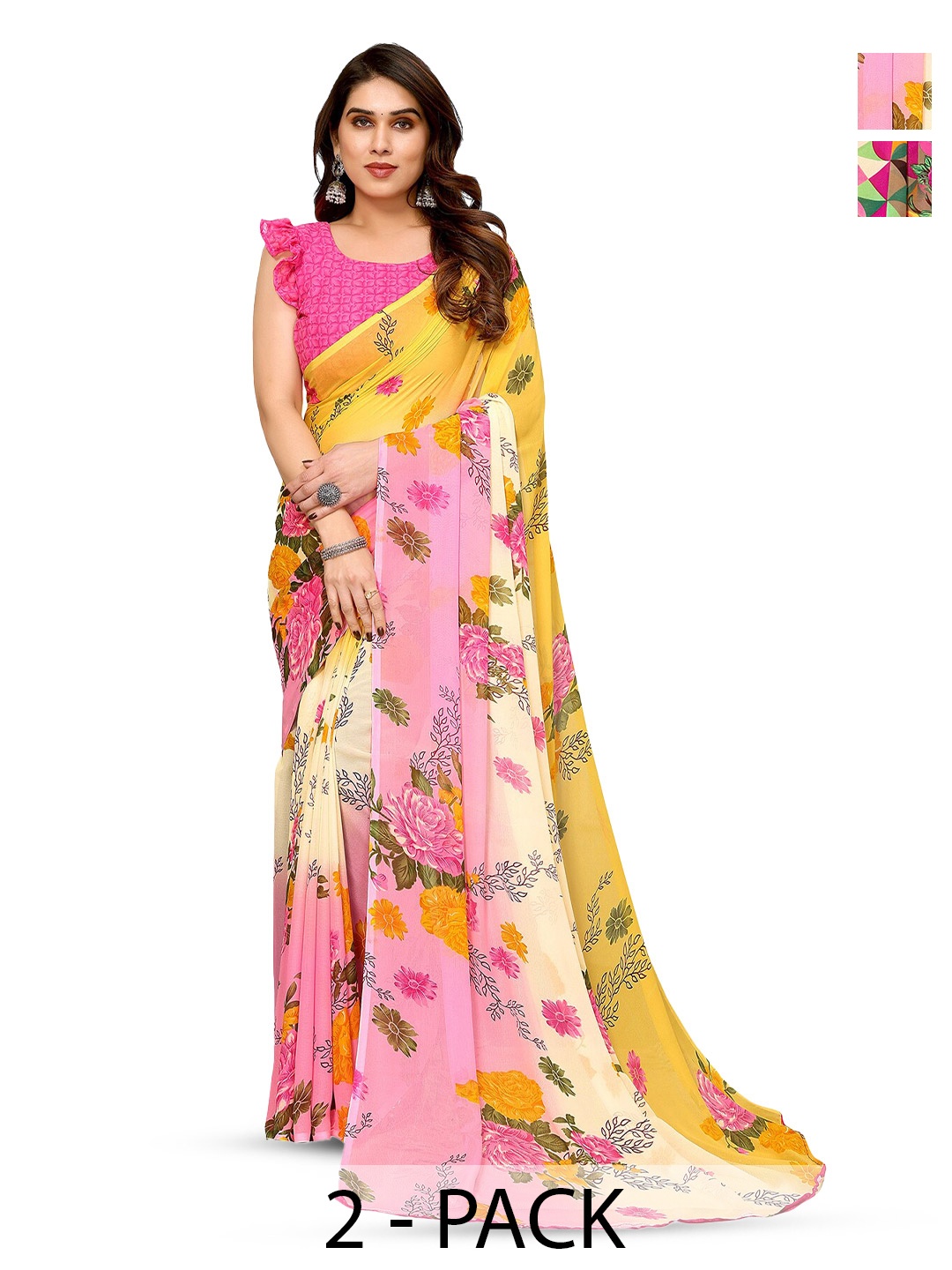 

ANAND SAREES Selection of 2 Floral Printed Georgette Saree, Pink