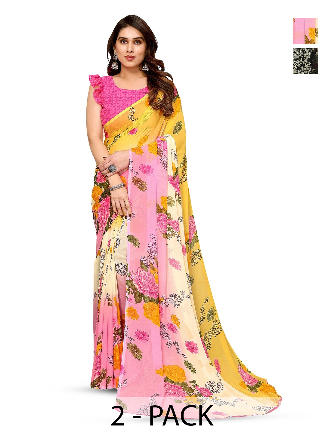 

ANAND SAREES Selection Of 2 Floral Printed Sarees, Pink