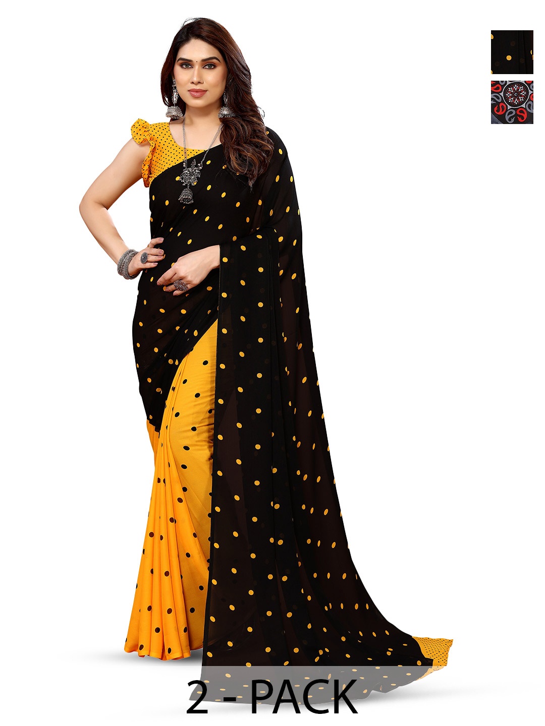 

ANAND SAREES Selection Of 2 Polka Dots Printed Sarees, Grey