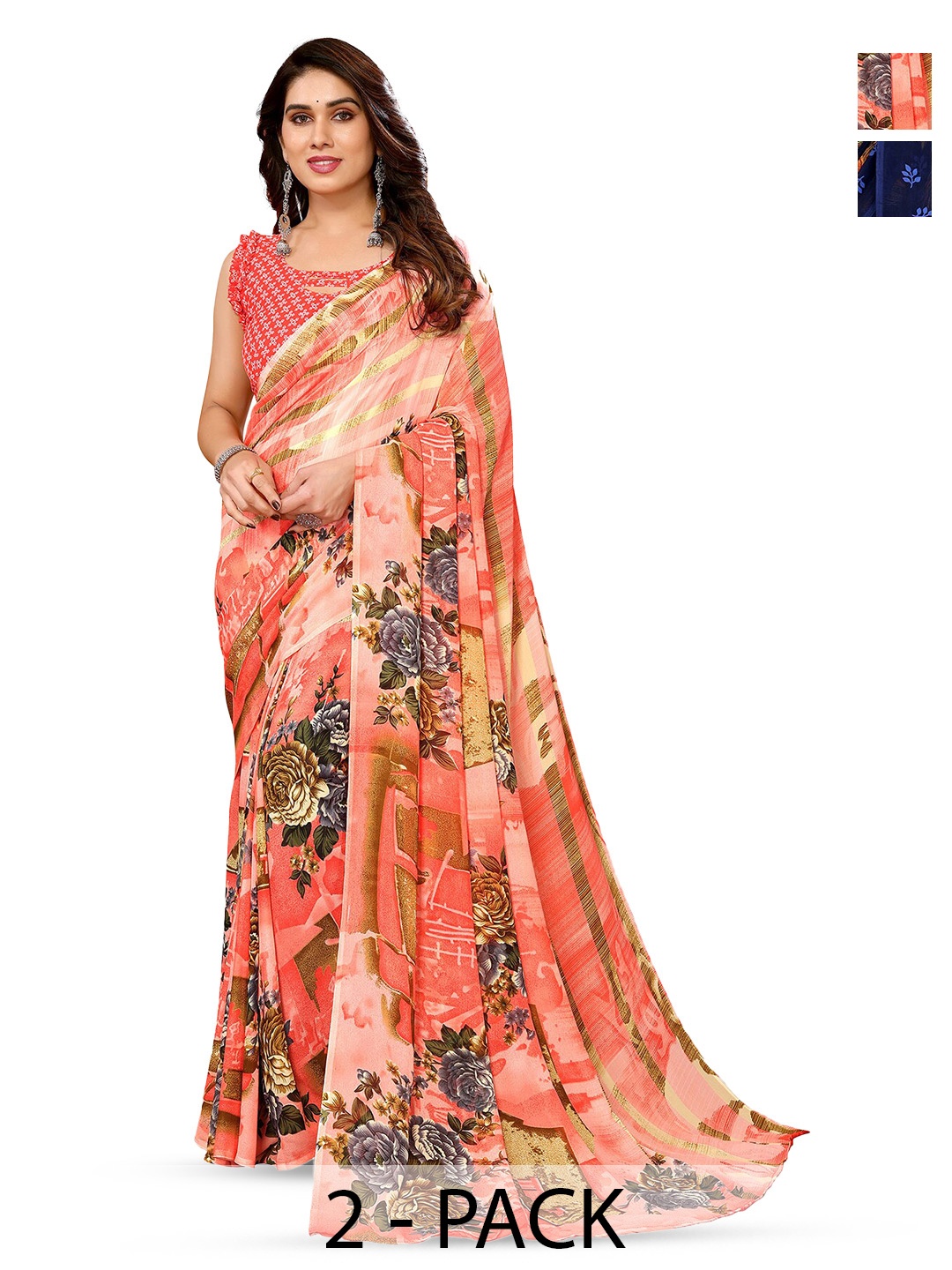 

ANAND SAREES Selection Of 2 Floral Printed Saree, Pink