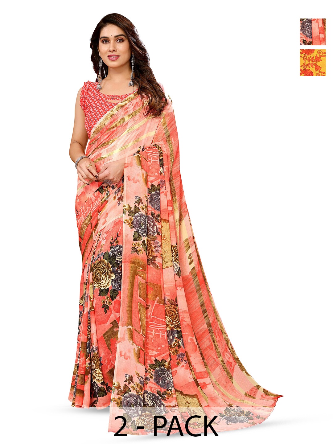 

ANAND SAREES Selection Of 2 Floral Printed Sarees, Yellow