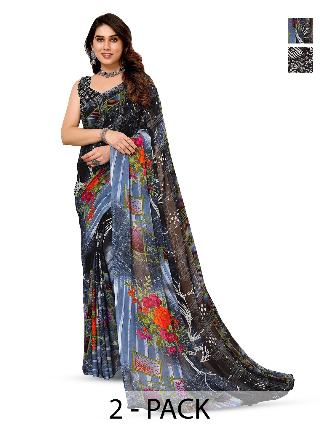 

ANAND SAREES Selection Of 2 Printed Saree, Black