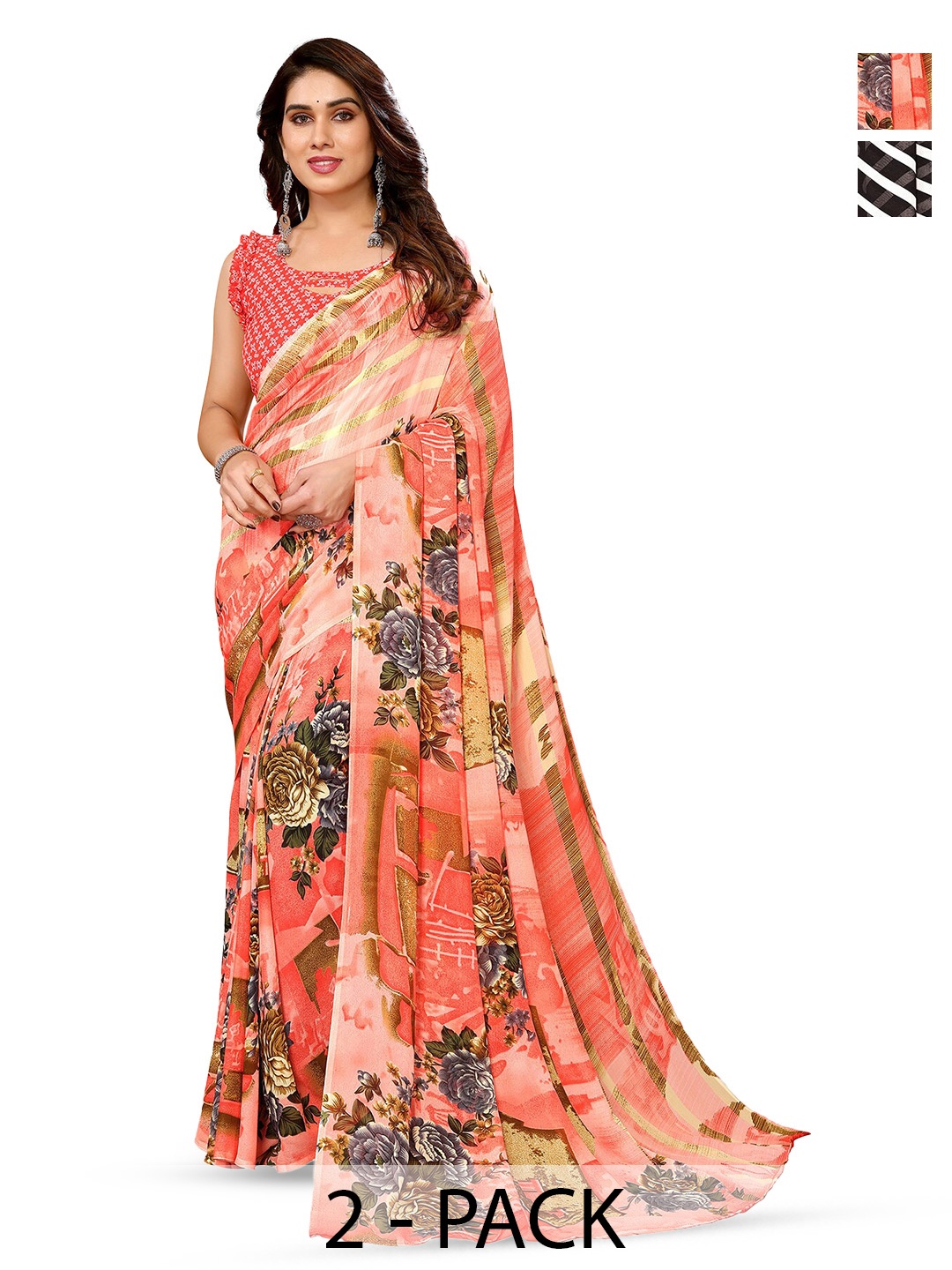 

ANAND SAREES Selection Of 2 Printed Sarees, White
