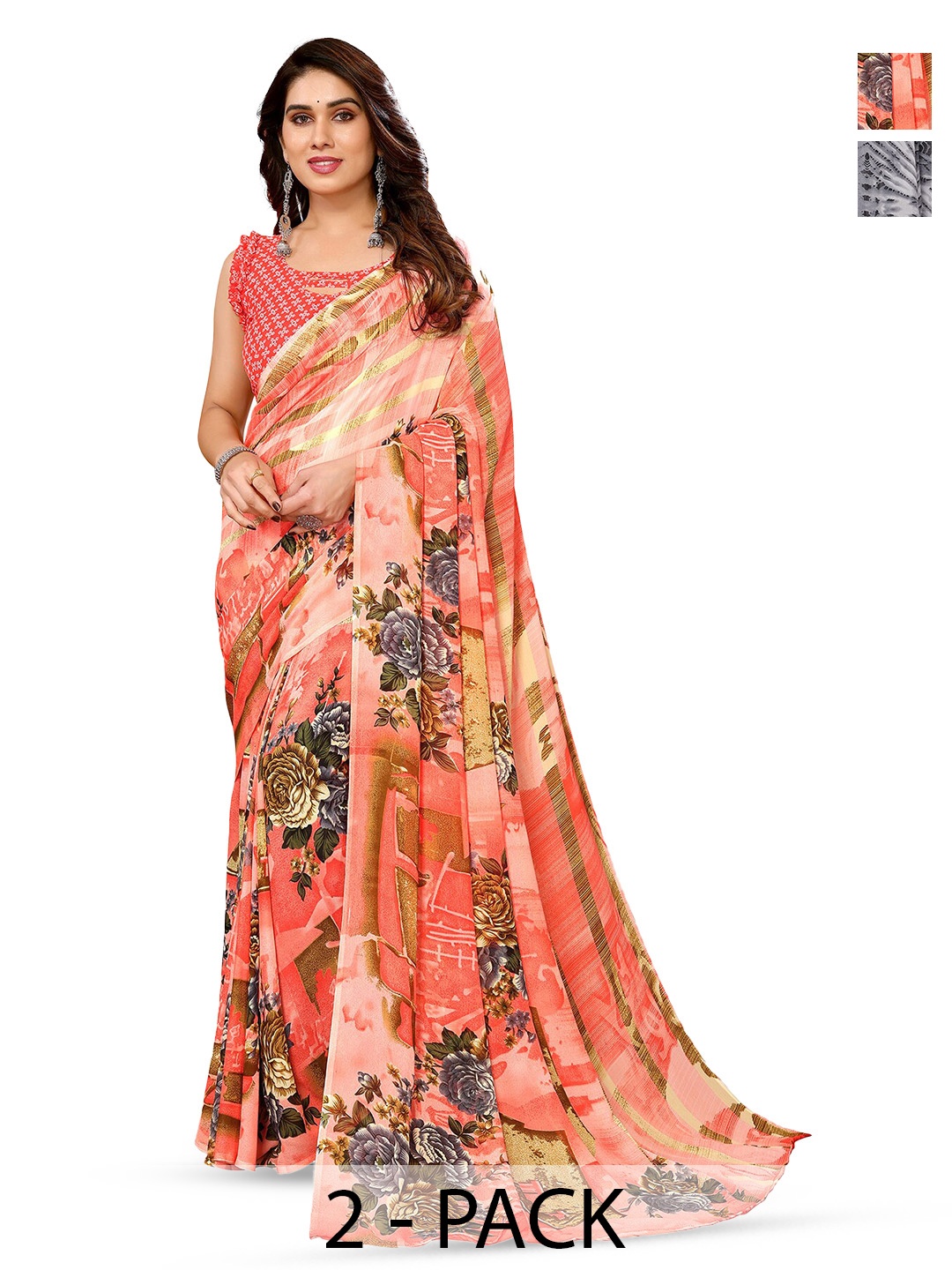 

ANAND SAREES Selection Of 2 Floral Printed Saree, Peach