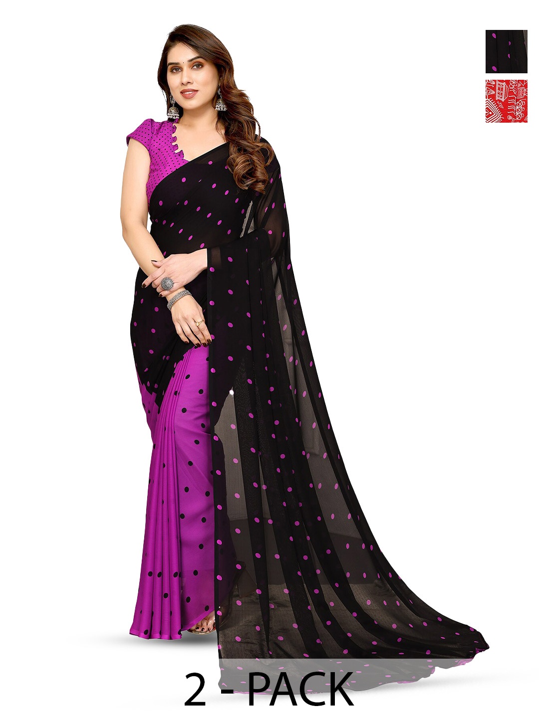 

ANAND SAREES Selection Of 2 Polka Dots Printed Sarees, Purple