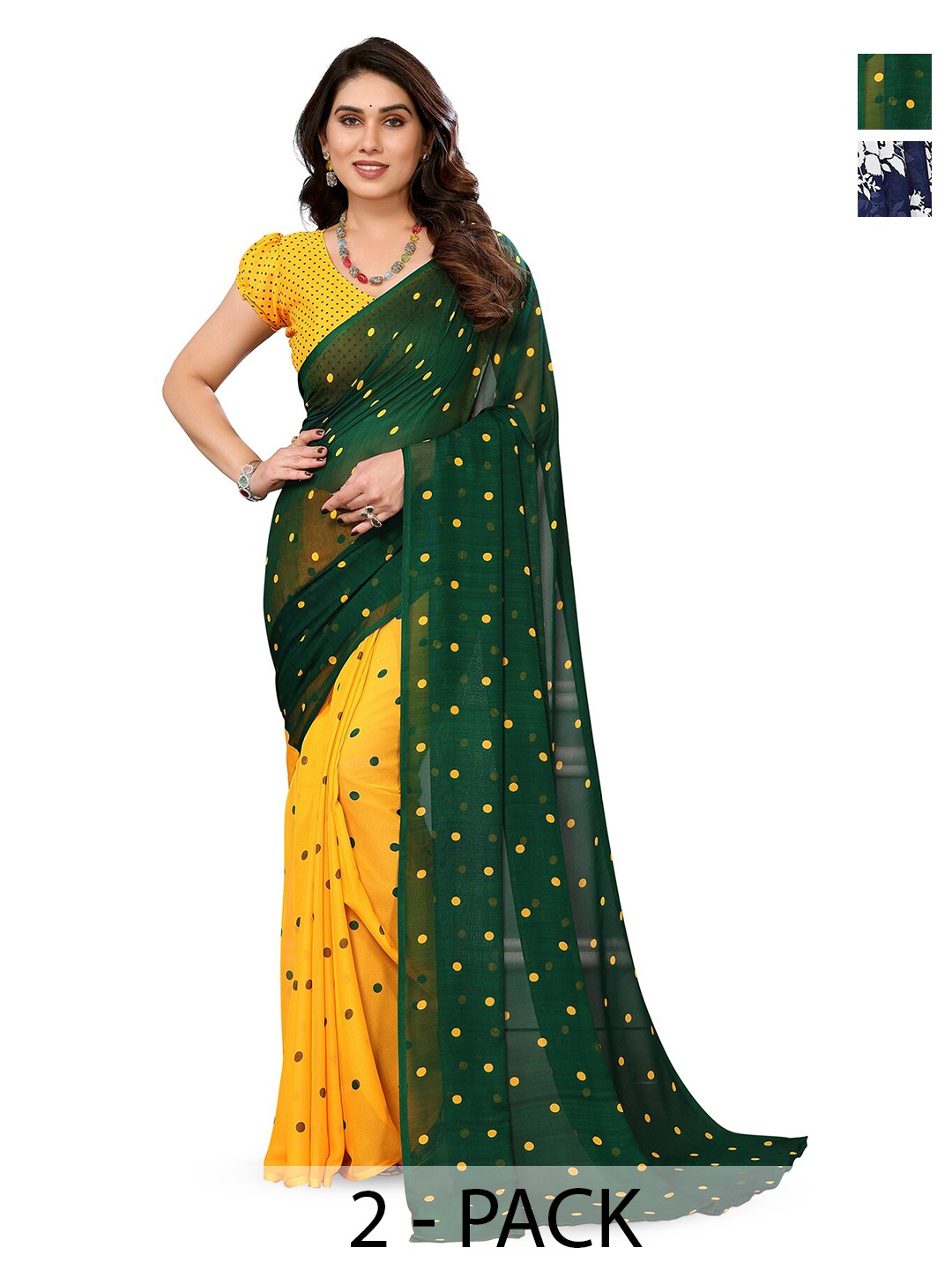 

ANAND SAREES Selection of 2 Polka Dot Printed Sarees, Green